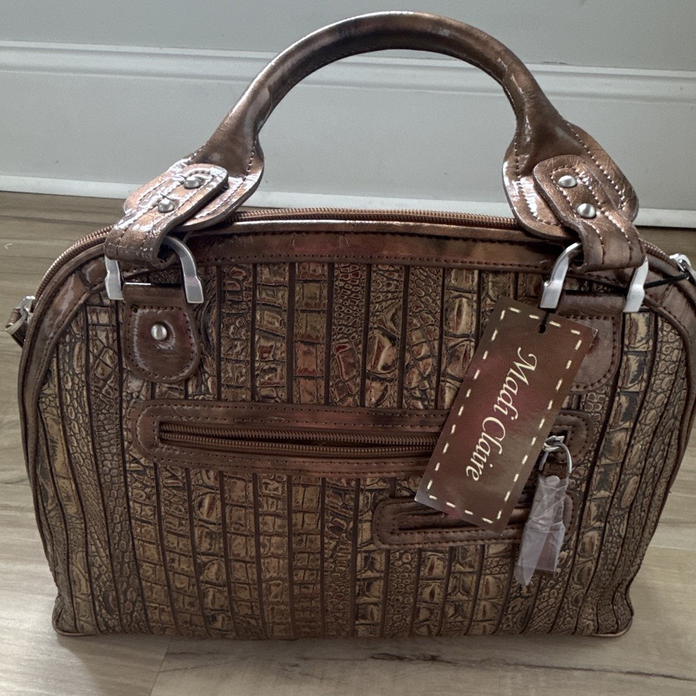 Madi Claire Metallic Bronze Croc Embossed Satchel Zip Shoulder Strap Pockets